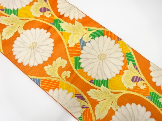 アンティーク　立涌に菊唐草模様織出し袋帯（着用可）